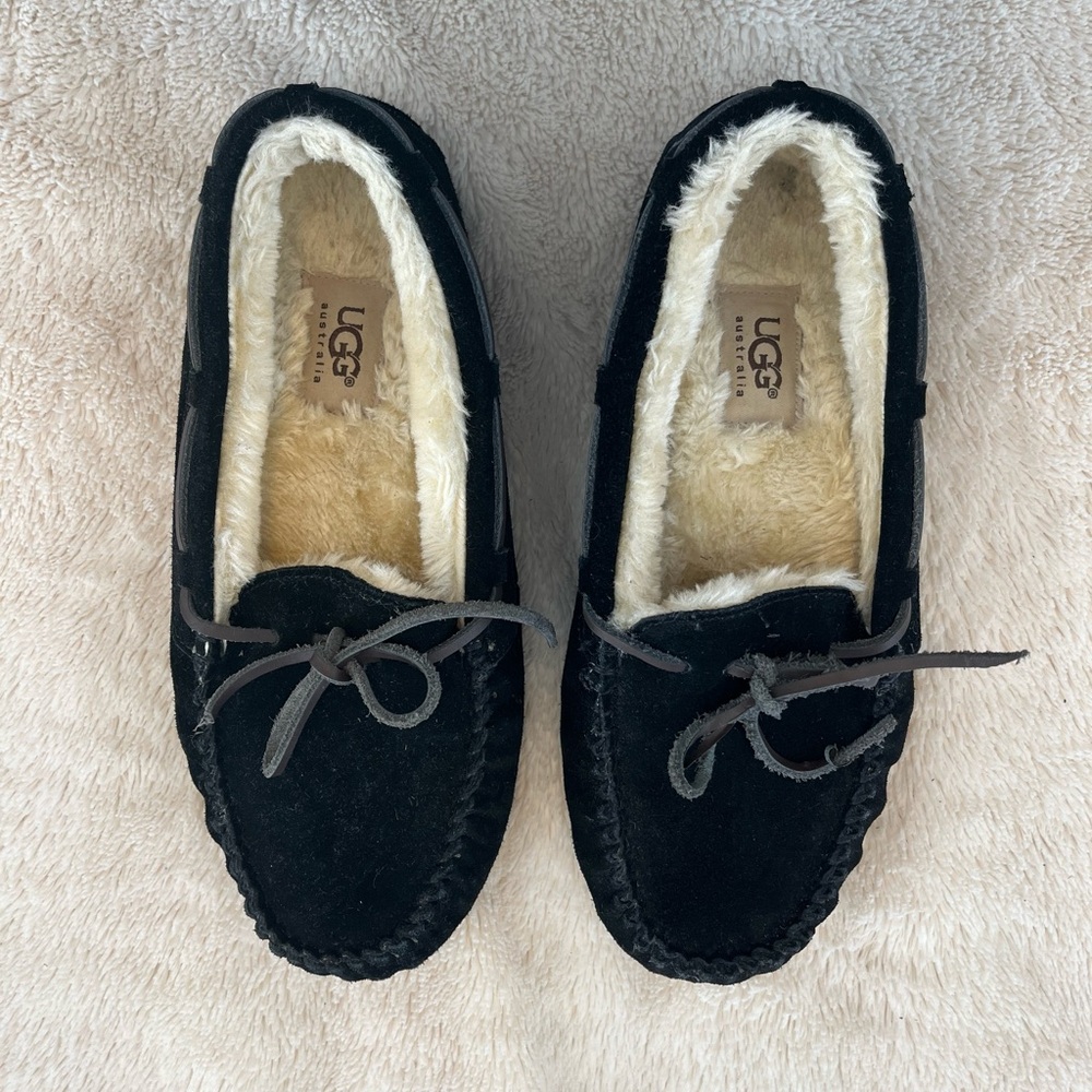 UGG Black Suede Moccasins with Fur Lining